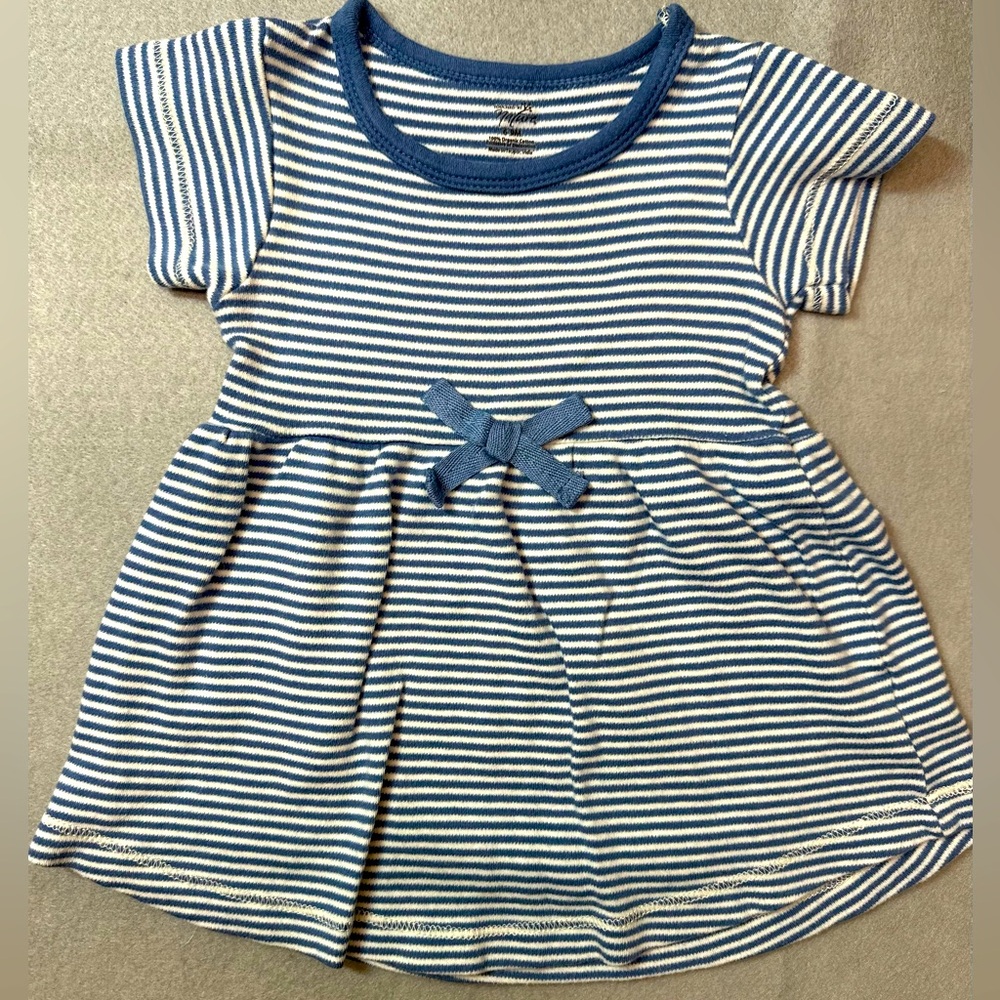 Touched by Nature- Striped Blue and White Baby girls Dress 100% cotton 6-9m